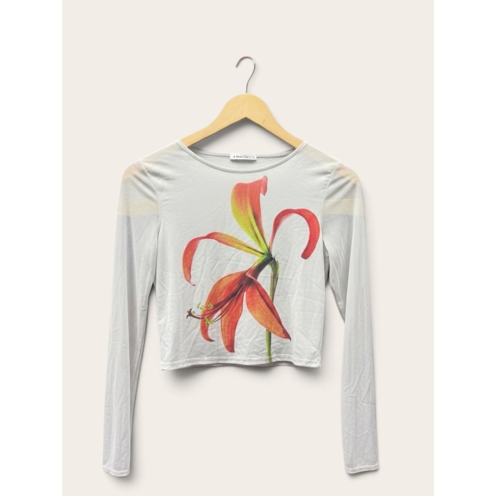 7DAY WKND Womens Long Sleeve Crop Top Orange Lily Floral Graphic Gray Medium